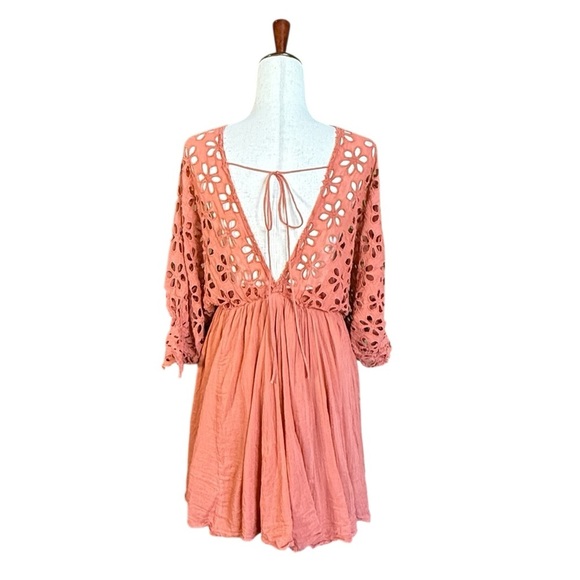 Free People Bella Note Eyelet Mini Lined Flutter Dress. Terracotta Size S #1877 - Picture 6 of 9